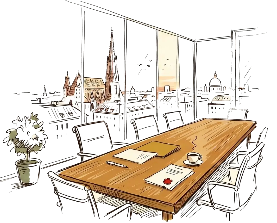 Ink sketch: a meeting room with a view of St. Stephen's Cathedral