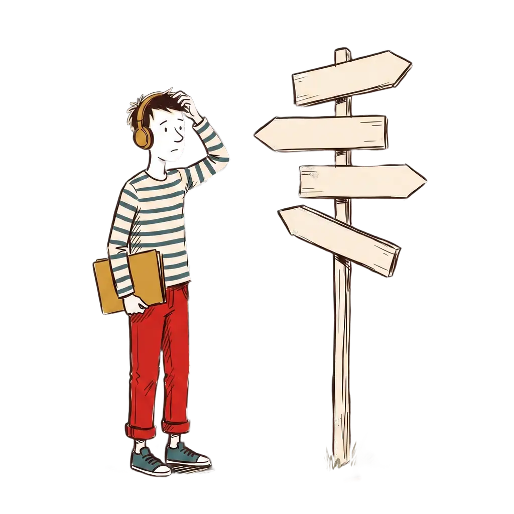 Ink sketch: a person looking, confused, at a signpost with many directions