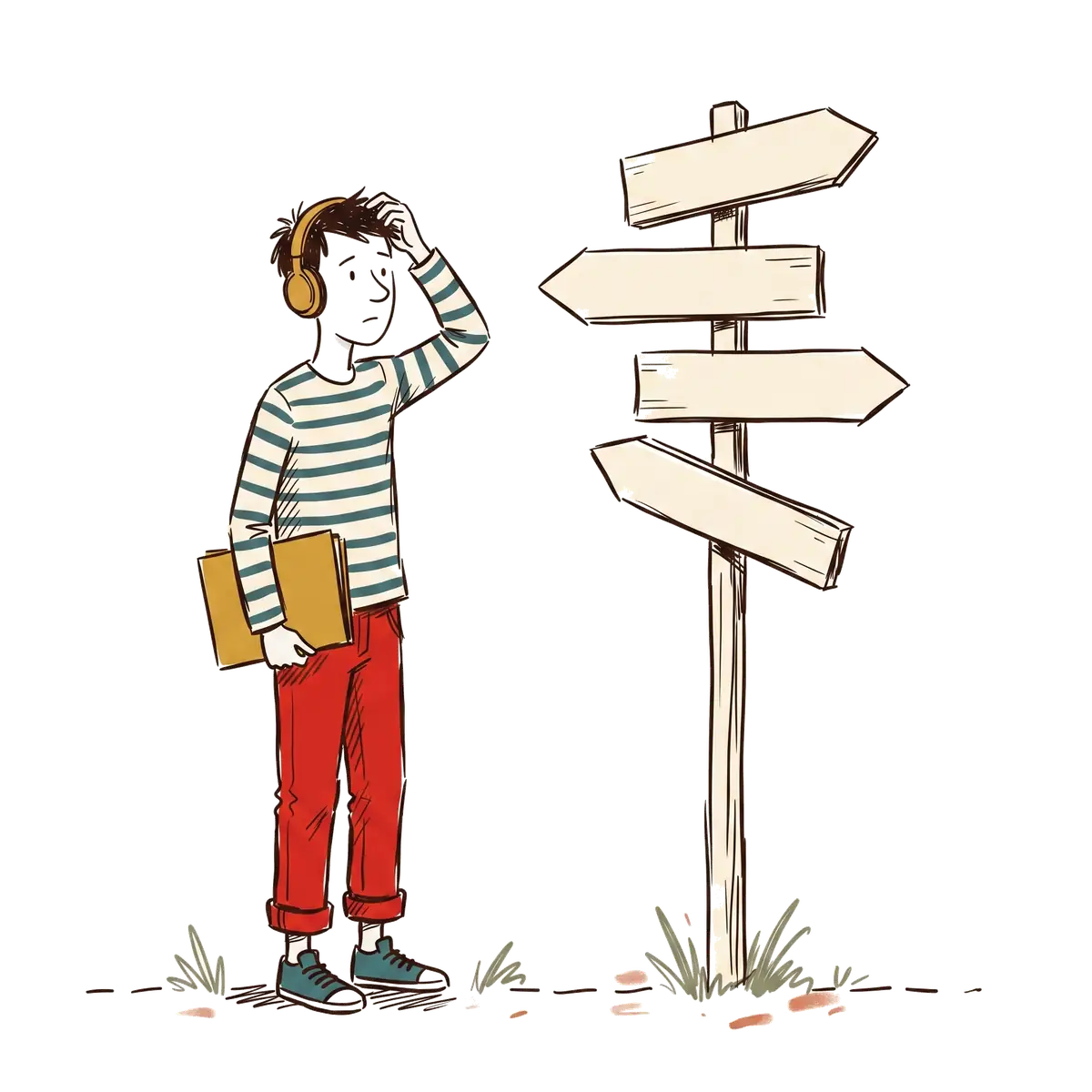 Ink sketch: a person looking, confused, at a signpost with many directions